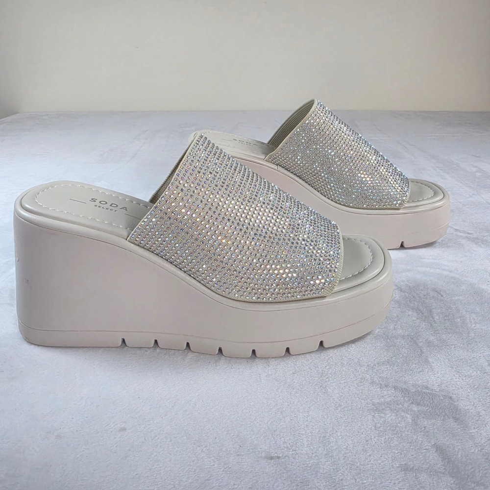Soda Select Womens Rhinestone Embellished Platform Wedge Slide Sandals Beige 7.5